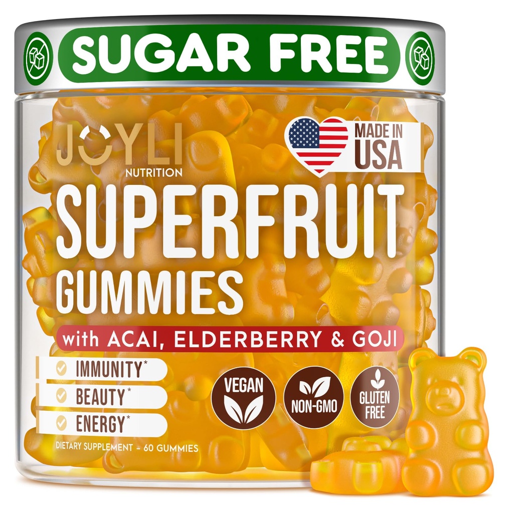 Joyli Superfruit-Gummien - Sugar-Free Fruit Multivitamin Gummis für Erwachsene - Natürliche Gummy Vitamine für Frauen & Männer mit Goji, Elderberry, Vitamine A, C, D & E - Unterstützt Immunität, Verdauung & Energie
