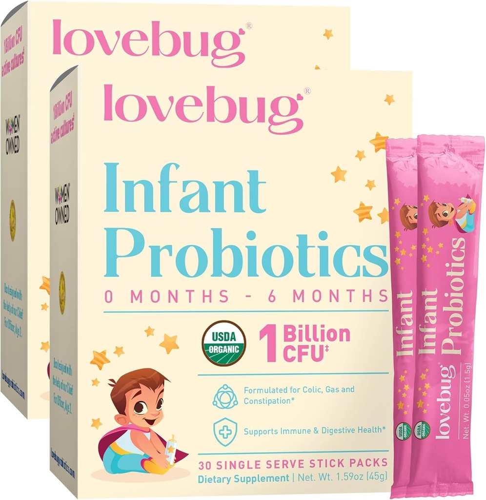 LOVEBUG Probiotiques pour nourrissons 0-6 mois - USDA Probiotiques biologiques pour bébés, soutient le gaz bébé, le colique, la diarrhée et le soulagement de la constipation nouveau-né, sans allergène et sans sucre, poudre sans goût, 60 pack
