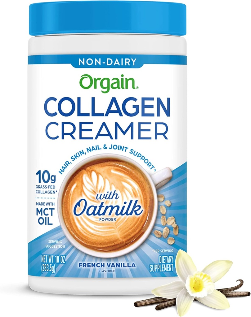 Orgain Collagen Coffee Creamer, 10g Gras Fed hydrolysierte Collagen Peptide, Französisch Vanille - Mit Bio Hafer Milchpulver, Kokosöl, MCT Öl, Avocado Öl, Haar, Haut, Nagel, & Joint Support - 10oz
