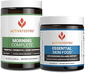 ACTIVATEDYOU Mattina Prebiotici completi, Probiotici, Superfood verdi (Apple Cinnamon) + Essential Skin Food Collagen, Elastin Support, 30 Serve