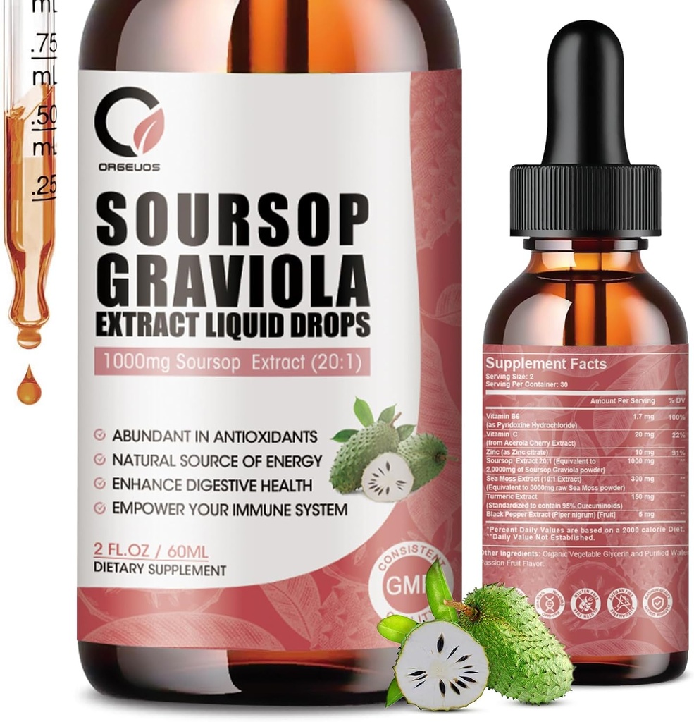 Soursop Graviola Liquid Drops - Soursop Extract Plus Sea Moss, Soursop Bitters Liquid für Zellregeneration, Immune Boost, Relax, Antioxidans, Energie - 2 Fl Oz