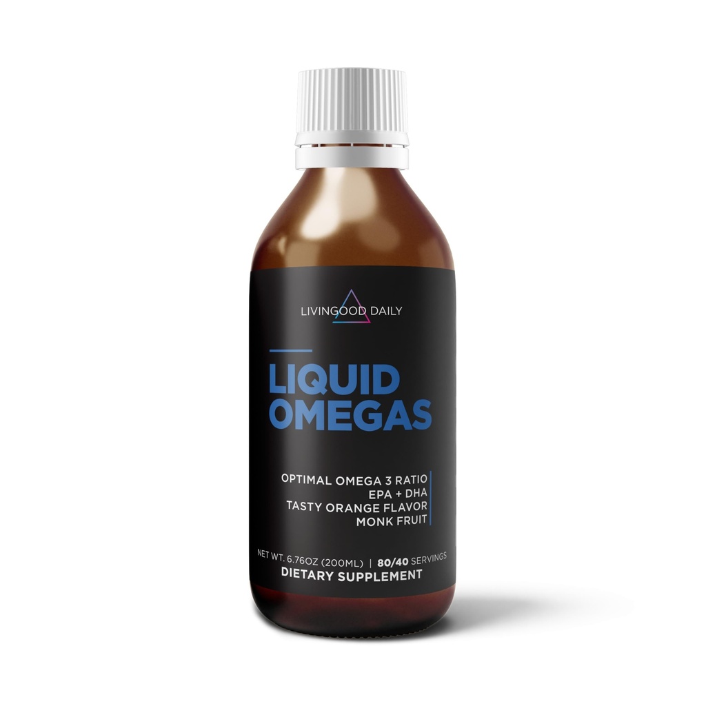 Livingood Daily Liquid Omega 3 Fischöl, EPA & DHA-Ergänzung mit Monk Fruit & Orange Flavor, unterstützt Herz, Gelenk & Gehirn Gesundheit, Fischöl für Männer & Frauen, Non GMO, Glutenfrei, 200 ML, 40 Servierungen
