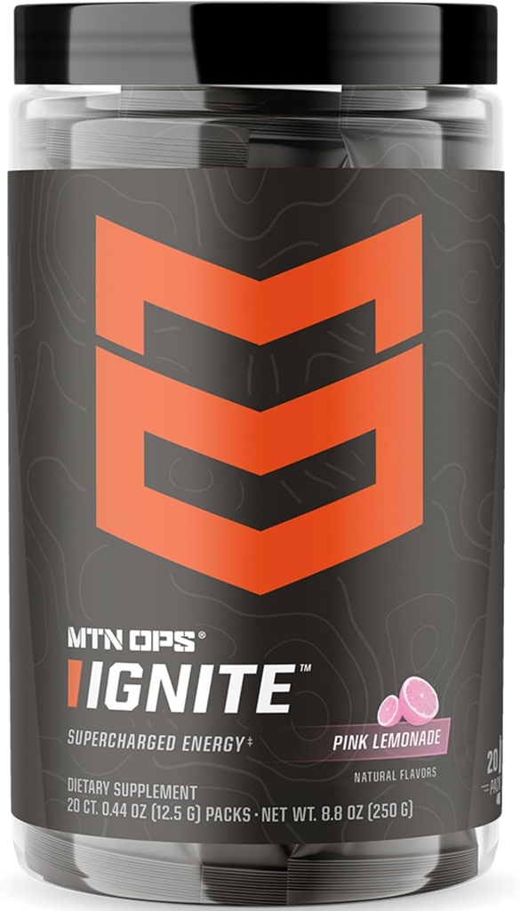 MTN OPS Ignite Trail Packs Energy Drink Powder, Gluten Free Nootropic Supplement Drink Mix, L Arginina, L Citrulline, Caffeina & Nootropic Sugar Free Drink Mix, 20 Servings, Pink Lemonade