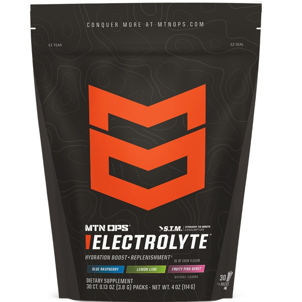 MTN OPS Elektrolyte Pulver-Packets, Sugar Free Hydration Packets, Glutenfreies Hydration Pulver, Elektrolyt-Packets STM “Straight to Mouth” - Vielfalt Pack von 3 Flavors, 30 Packs