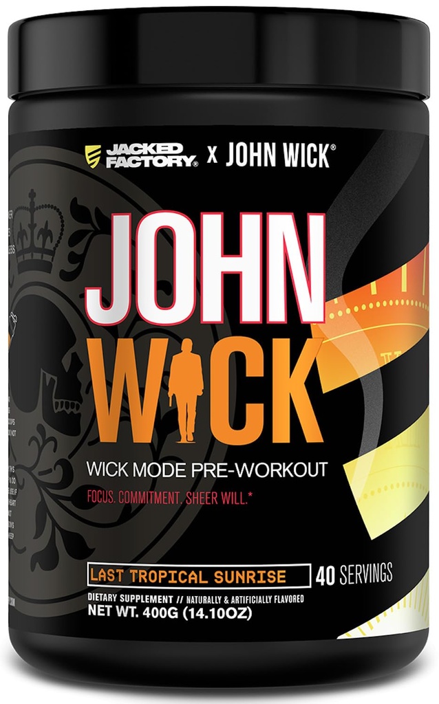 Jacked Factory X John Wick - Wick Mode Pre Workout Powder - Intense Energy, Battle-Ready Focus, Unstoppable Commitment, and Sheer Will - 40 Servings, Last Tropical Sunrise