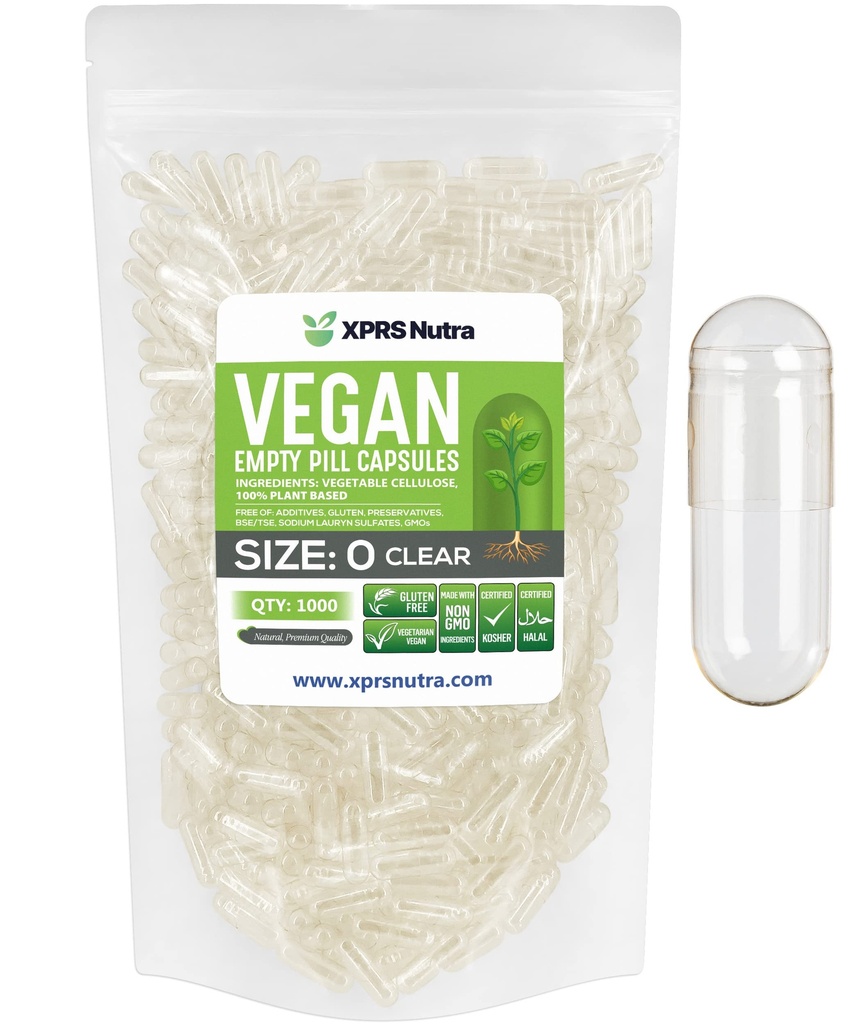 XPRS Nutra Size 0 Capsule Vuoti - 1000 Contatore Empty Vegan Capsule - Pillole Vegetariane - DIY Capsule Vegetali Riempimento - Capsula Pillola Veggie per Integratori Do-It-Yourself
