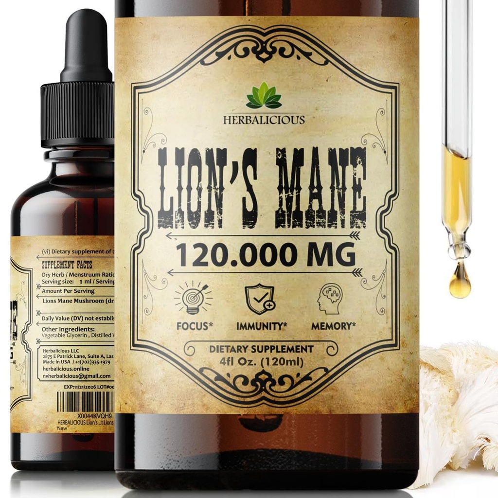 Lion's Mane Extract 4 fl oz Liquid – Natürliche Pilz-Ergänzung für Gehirn, Gedächtnis, Mental Clarity & Focus – Immununterstützung – Hohe Potenzformel – 90-Day Supply