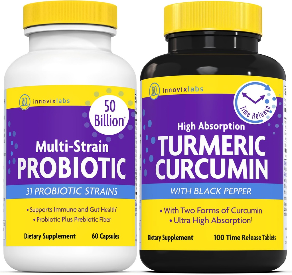 InnovixLabs Multi Probiotic & Curcumin Bundle Multi-Strain Probiotic (60 Zeit-Release Kapseln) Kurkuma (100 Zeit-Release Tabletten). Unterstützt Gut- und Immungesundheit. *