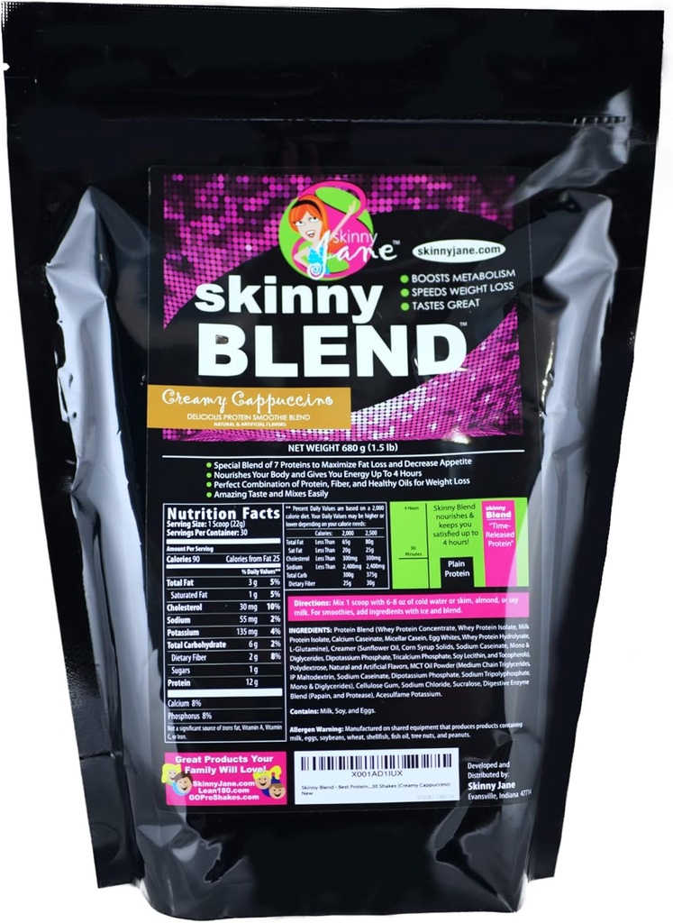 Skinny Blend - High Protein Shake for Women - Low Carb, Keto Friendly Meal Replacement - Satisfy Hunger, Boost Energy - 30 Shakes - Creamy Cappuccino
