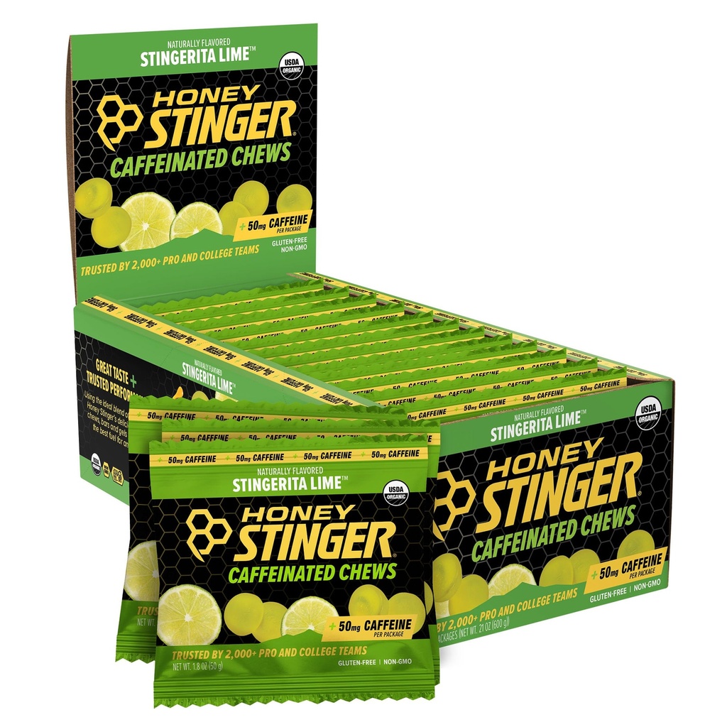 Miel Stingerita Lime Caffeined Energy Chew, sans gluten, avec caféine, pour l'exercice, la course et la performance, la nutrition sportive pour la maison et le gymnase, la pré et la mi-entraînement, 12 Pack