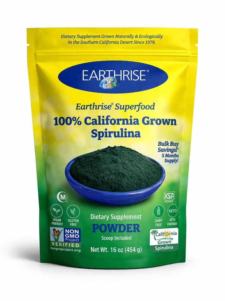 Earthrise Spirulina Natural Powder 16oz, Natürliche Premium Spirulina aus Kalifornien- Vegan, Glutenfrei, Keto Friendly, Non -GMO Super Food hoch in Vitaminen & Minerals. (1 LB)