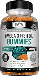 Kaya Naturals Omega 3 Fish Oil Gummies - Integratore di olio di pesce con acidi grassi EPA & DHA - aiuta il cervello di sostegno, occhio, salute del cuore e supporto immunitario - Non-GMO - 60 Conte