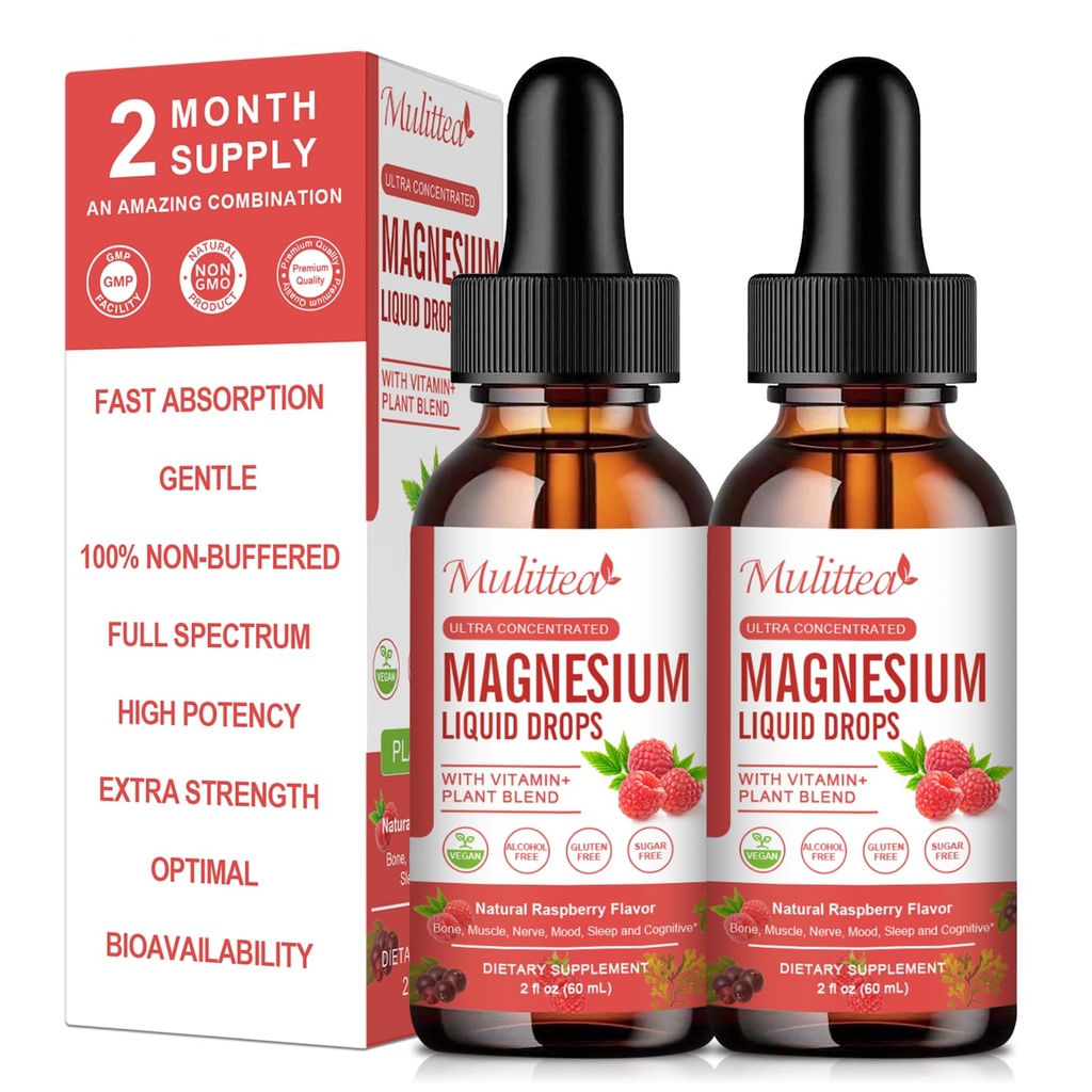 Drop liquide de Glycinat de magnésium - Supplément triple absorption pour soutenir les nerfs, le sommeil, le calme, le cœur, les muscles * -Sans sucre avec potassium, L-théanine, mousse de mer, vitamine B,C,D3, K2-2Pack