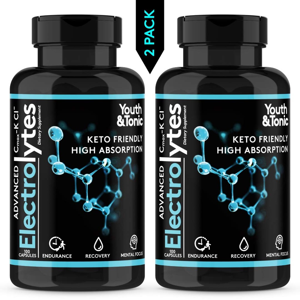 Supplément d'électrolyte complet w Haute biodisponibilité et Cmax Chlorure de potassium Magnésium pour le rétablissement musculaire d'endurance Focus mental. Sels de réhydratation rapide et pilules kéto-friendly avec 200 capsules