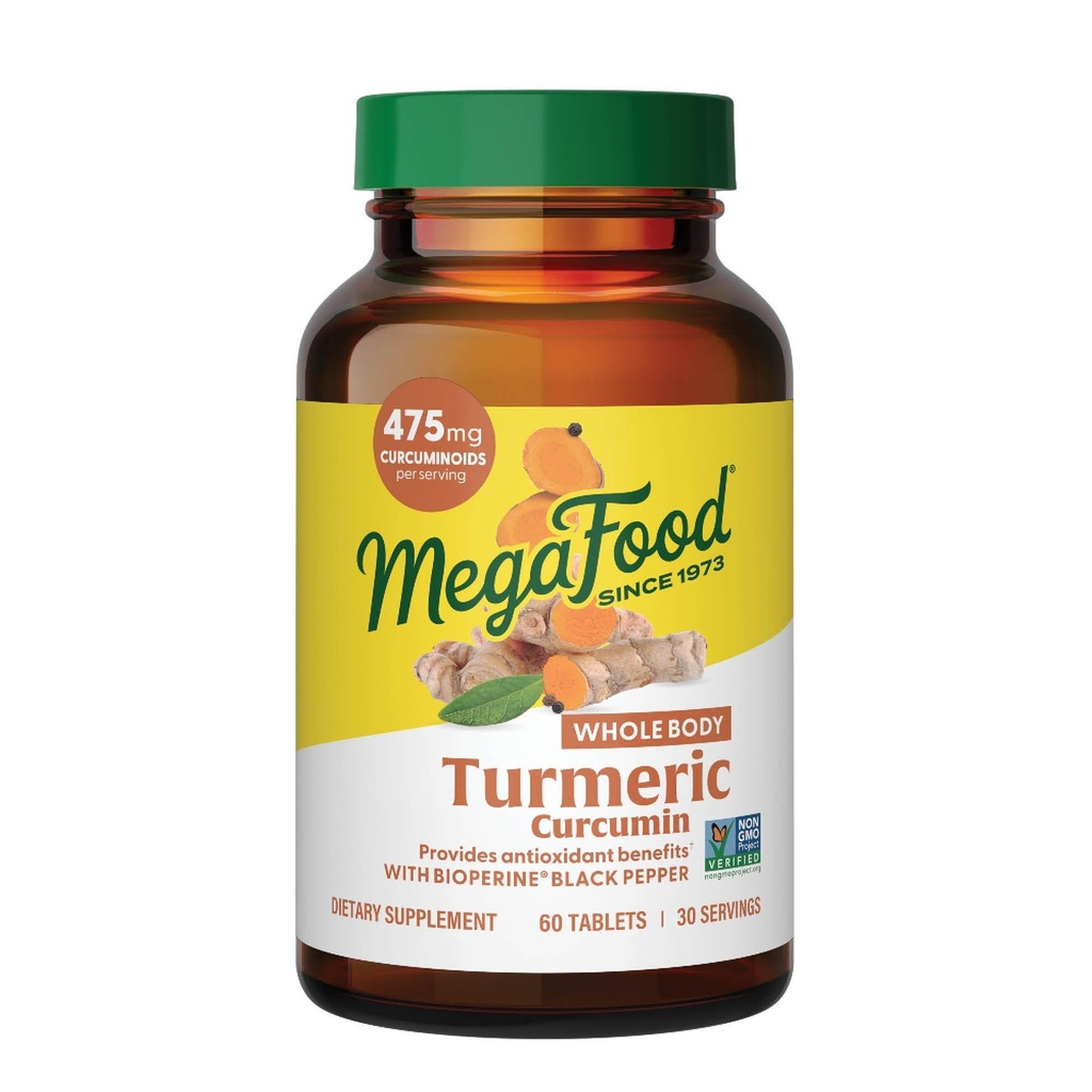 MegaFood Ganzkörper Turmeric Curcumin Supplement - Kurkuma Supplement mit schwarzem Pfeffer & Vitamin C - 475 mg Curcuminoide pro Servierung - Antioxidans & Immununterstützung - Vegan - 60 Tabletten, 30 Servietten