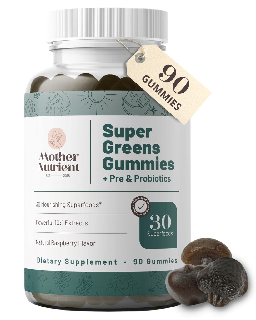 Super Greens Gummies pour les femmes, les adultes - avec prébiotiques et probiotiques, pas 8, mais 30 puissants Greens Superfoods - Multivitamin Veggie Chewables (90 Gummies)