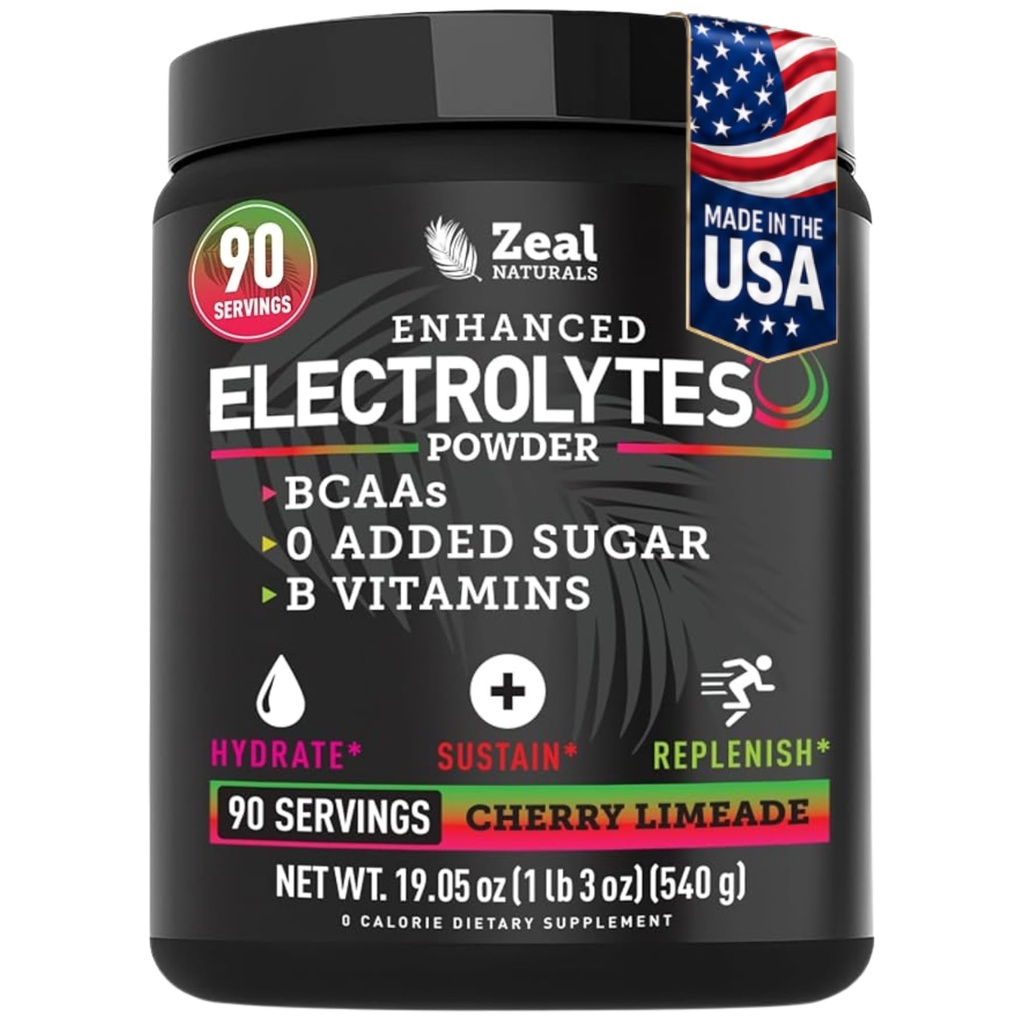 Zeal Naturals Elektrolyt Pulver Erholungsgetränk (90 Servierungen | Kirsch Limeade) w 0 Zucker + BCAAs +B-Vitamine Elektrolyt Ergänzung mit Kalium Zink & Magnesium für Hydration - Keto Elektrolyte