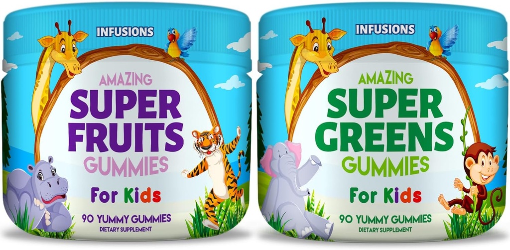 Infusioni Super Frutta e Super Green Gummies per bambini 180 Count Superfood Blend Soft e Delicious Gluten Free Non-GMO