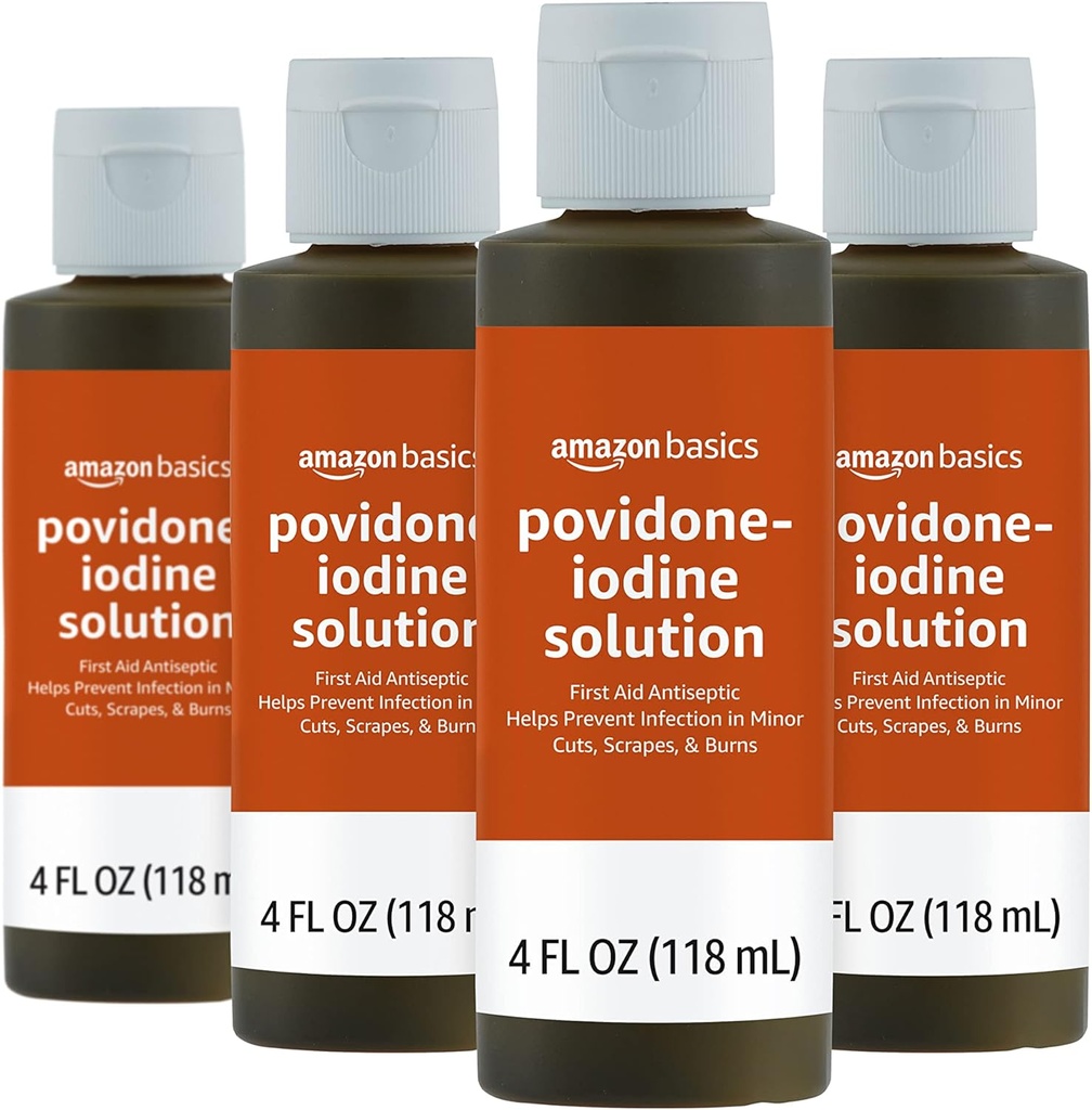 Bases Premiers soins Antiseptiques, Solution Iodine Povidone 10%, 4 Onces Fluides, 4 Pack (précédemment Solimo)