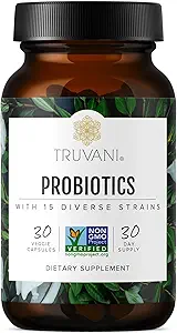 Truvani Probiotic Supplemento | 30 Serve | 15 miliardi di CFU | 15 Strains Diverse per Digestivo, Immune & Brain Health Support | Shelf-Stable Vegan Capsules | Non OGM, No Fillers