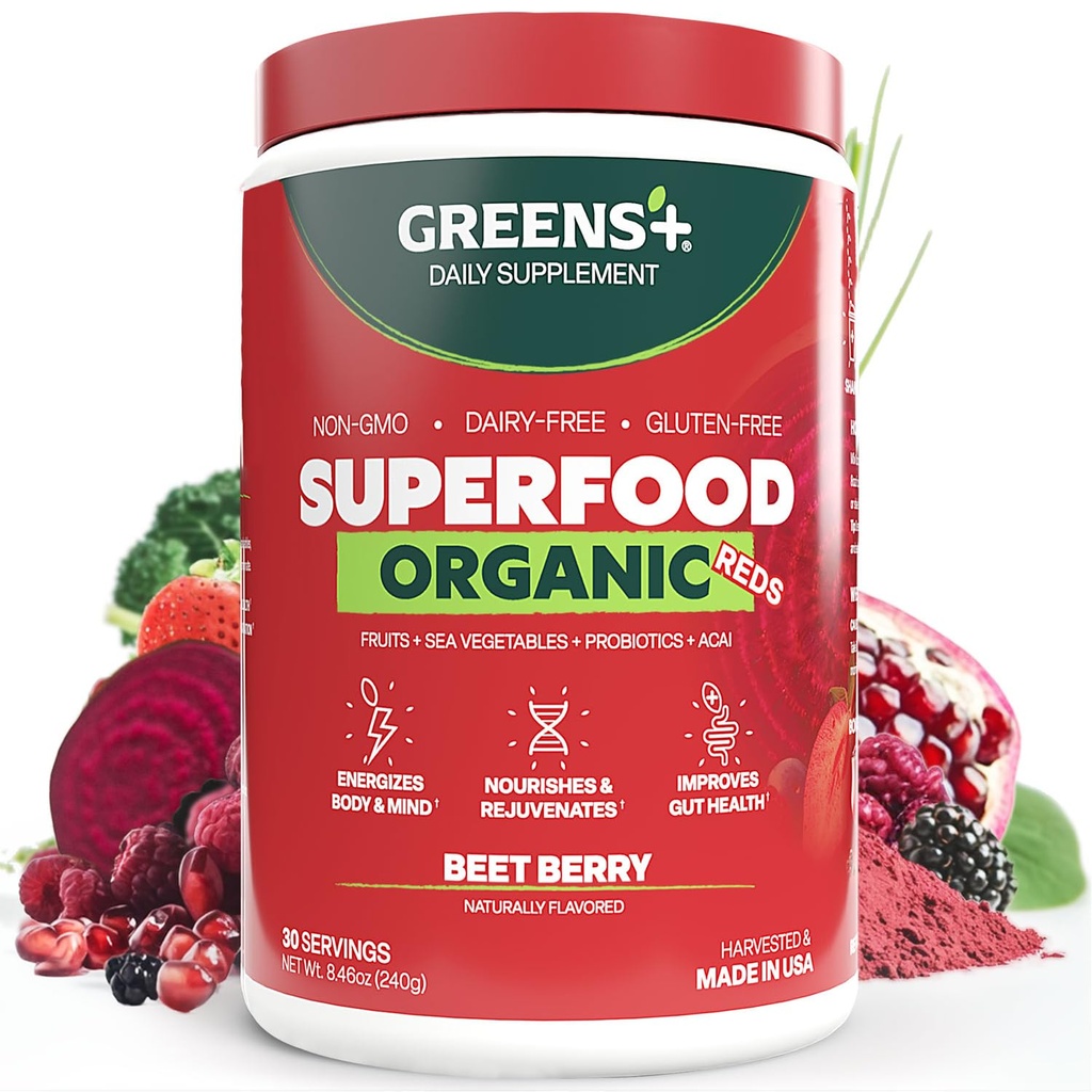 Greens+ Bio Reds Superfood Pulver, Antioxidans, Polyphenol, Mischung für Morgen Kick, Energie, Vitalität Boost, Ernährung, Vitale Gesundheit, Vegan Soy/Dairy/Gluten Free(8.46oz)