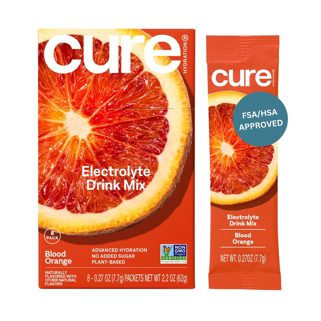Cure Hydration | Pflanzenbasierte Elektrolyt-Getränk-Mix | Kein hinzugefügt Zucker | Dehydratation Relief Pulver mit Kokosnusswasser hergestellt | Non-GMO | Vegan | Box von 8 Packungen - Blut Orange