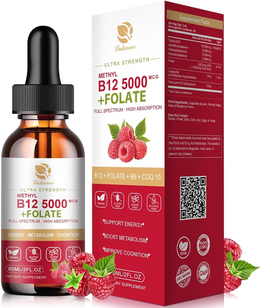 Lukaree Vitamin B12 Sublingual Drops Vegan B12 Vitamine Liquid-Full Spectrum-Methylcobalamin, Adenosyl & Hydroxy B12, für Energie, Fokus, Mood & Immun Support- 2 Monate Versorgung, 2 fl oz