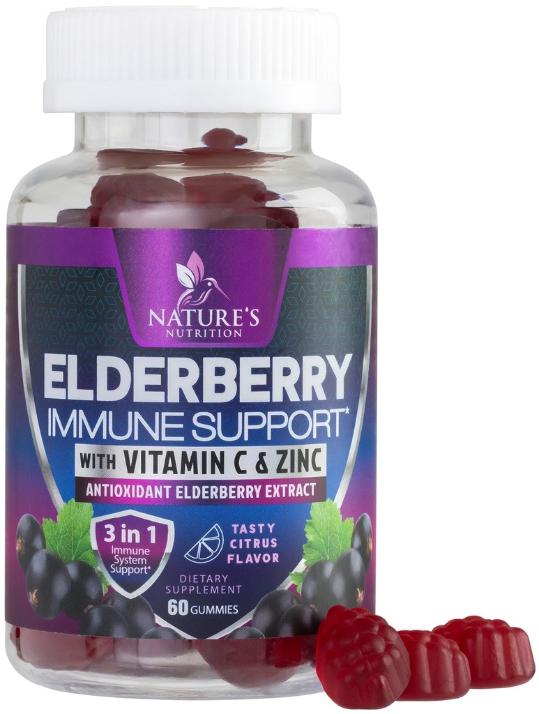 Immununterstützung Gummi - Sambucus Elderberry Gummy mit Elder Berry Extract, Zink & Vitamin C, Natürliche Vegan Immununterstützung Ergänzung für Erwachsene & Kinder, Gummy Elderberry Vitamine - 60 Gummis