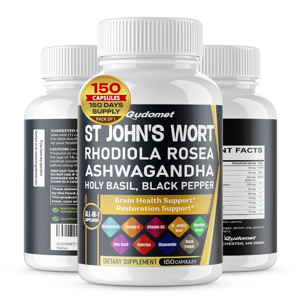 St. John's Wort Rhodiola Rosea Ashwagandha Holy Basil Valerian Chamomile Black Pepper -150 Kapseln- Made in USA