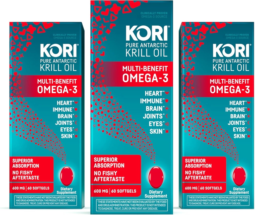 Kori Krill Oil Omega 3 Supplément d'huile d'absorption supérieure, EPA & DHA, 600 mg, 180 Softgels