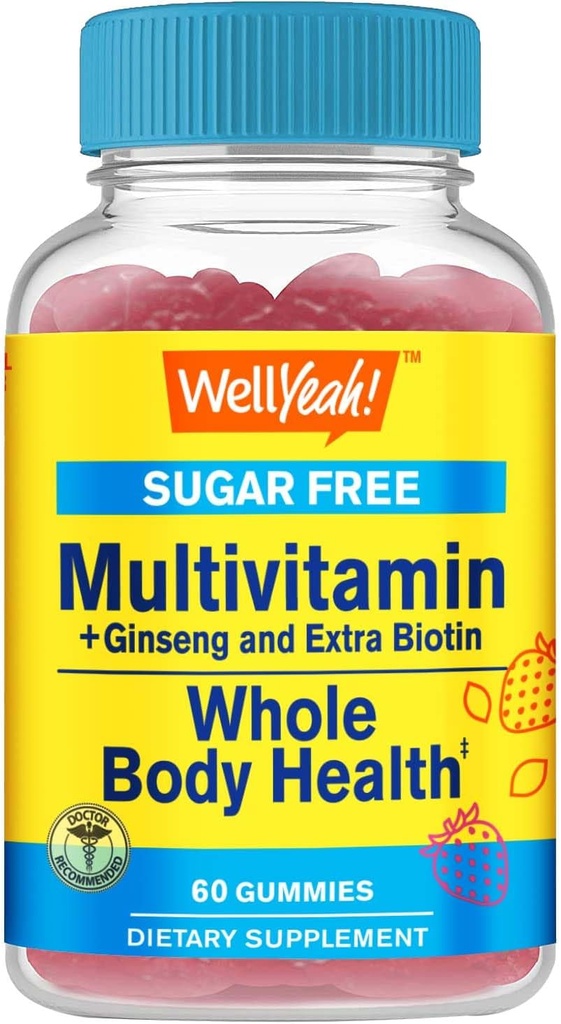 Gommies sans sucre multivitamine avec ginseng, vitamine A, C, D3, E, B12, B6, B1, B2, B5, Niacine, acide folique, biotine, iode, zinc, chrome, molybdène, lycopène, inositol - végétalien - 60 Gommies