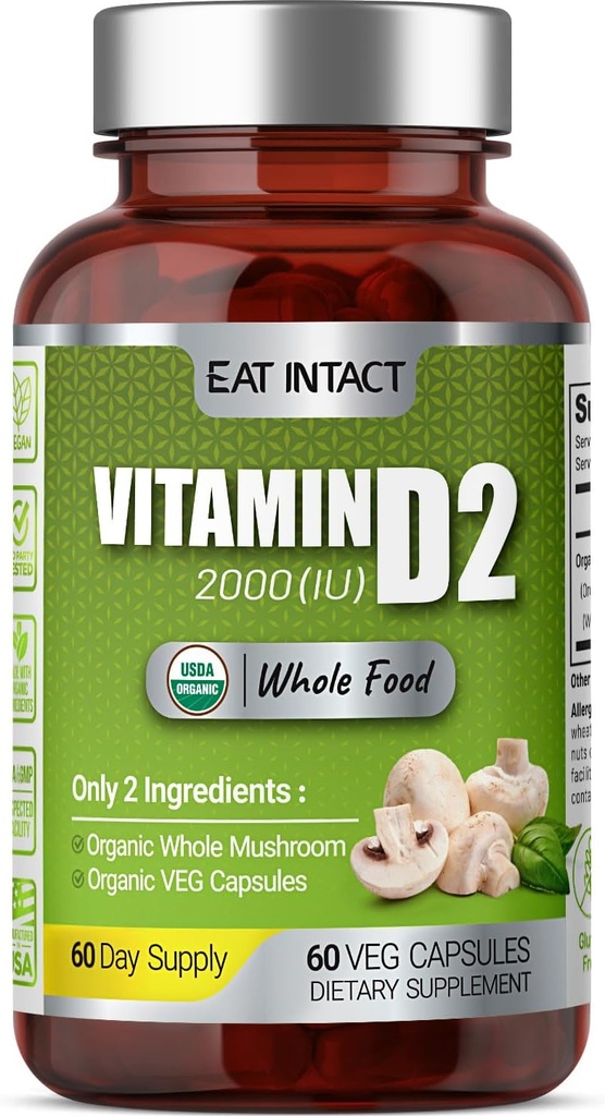 Vegan Ganzes Lebensmittel Vitamin D, 2000 IU (50 mcg), D2, Zwei Zutaten (Organic Ganzes Pilz und Bio Vegan Kapsel), Non-GMO, Dritte getestet, 60 Tage Versorgung