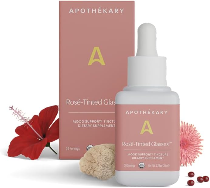 Apothékary Rosé-Tinted Brille | Alkoholfreie Rosé-Inspirierte Kräuter, Flüssige Tropfen, Vegan, Zuckerfrei & Glutenfrei, adaptogene Mood Unterstützung 30 Servierungen - 1.23oz