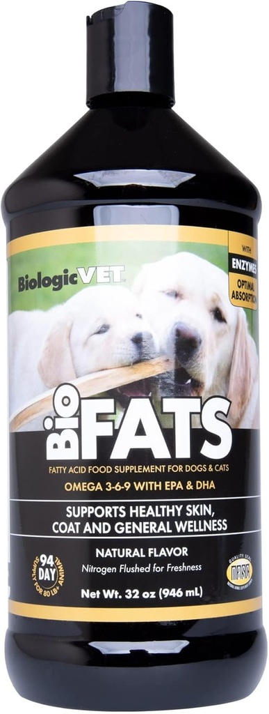 BioFATS BiologicVET - Contiene Omegas 3, 6 & 9 - con EPA, DHA & ALA - per Dog & Cat - Skin & Joint Health Support - Include Fish, Flaxseed & Olive Oil - 32 fl. oz.