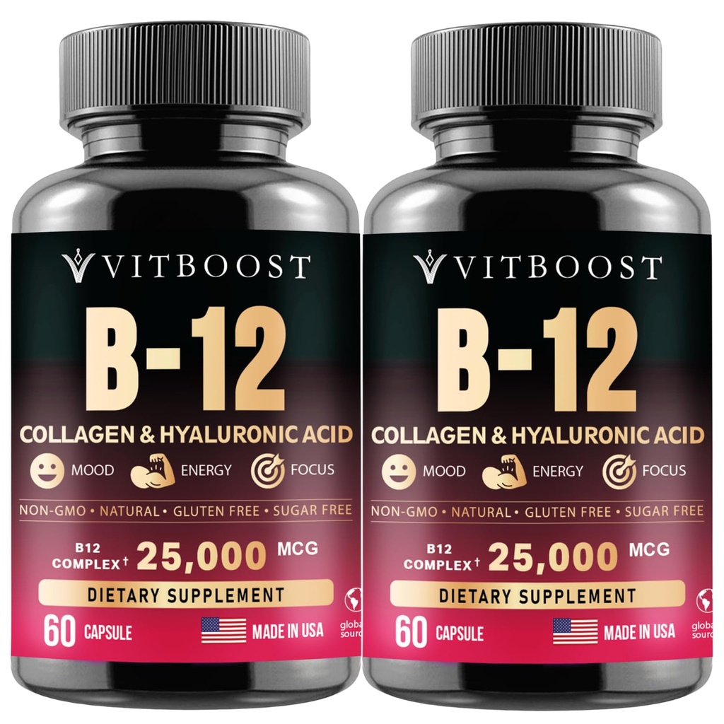 B12 Methylcobalamin con acido ialuronico, collagene e follia – supplemento 25000 mcg migliorare l'assorbimento e l'energia Boost | senza glutine, fatto in USA, B1, B2, B3, B6, B7 Complesso - Confezione di 2