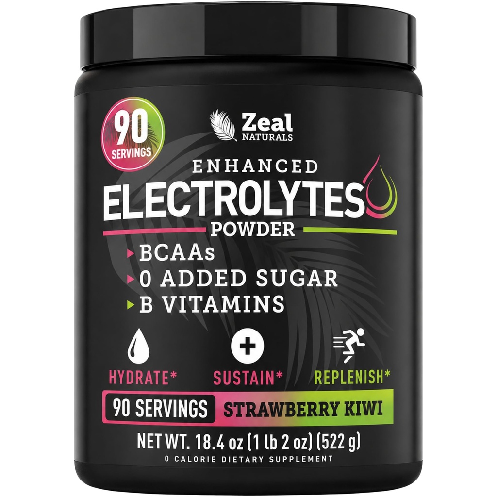 Zeal Naturals Electrolyte Powder - 90 Servings | Keto Electrolytes Powder | Zero Sugar, BCAAs, B-Vitamins | Potassium, Zinc, Magnesium | Hydration Powder Recovery Drink | Strawberry Kiwi