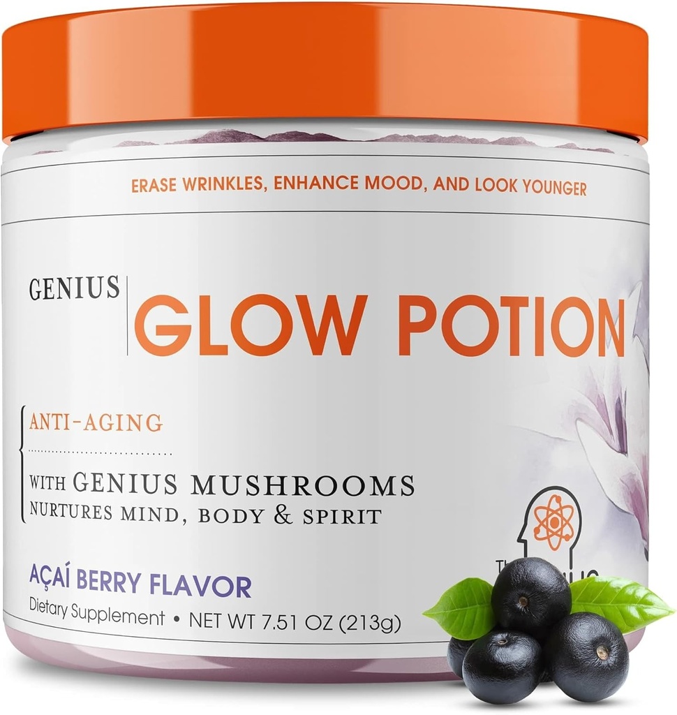 Il Genius Brand Genius Glow Potion - Daily Skincare Supplement for Glowing Skin - Supporta l'idratazione, l'elasticità, la salute immunitaria e la funzione del cervello - alimentato da Nootropics - Acai Berry - 30 Servings