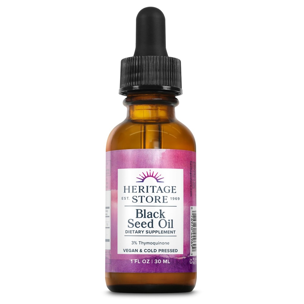 HERITAGE STORE Huile de graines noires avec 3 % de thymoquinone, oméga 6 9 - Nigella Sativa Huile liquide, pressée à froid à partir de graines noires, articulations, digestion et soutien immunitaire, végétalien, garantie de 60 jours, 30 Serv, 1 fl oz