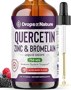 Quercetina con Bromelain & Zinc (5mg) Gocce liquide – Supporto immunitario per adulti e bambini – Bioflavonoidi ultra-concentrati – Difesa immunitaria – Salute cellulare – Vegan, Non OGM, Gluten Free – 2 Fl Oz