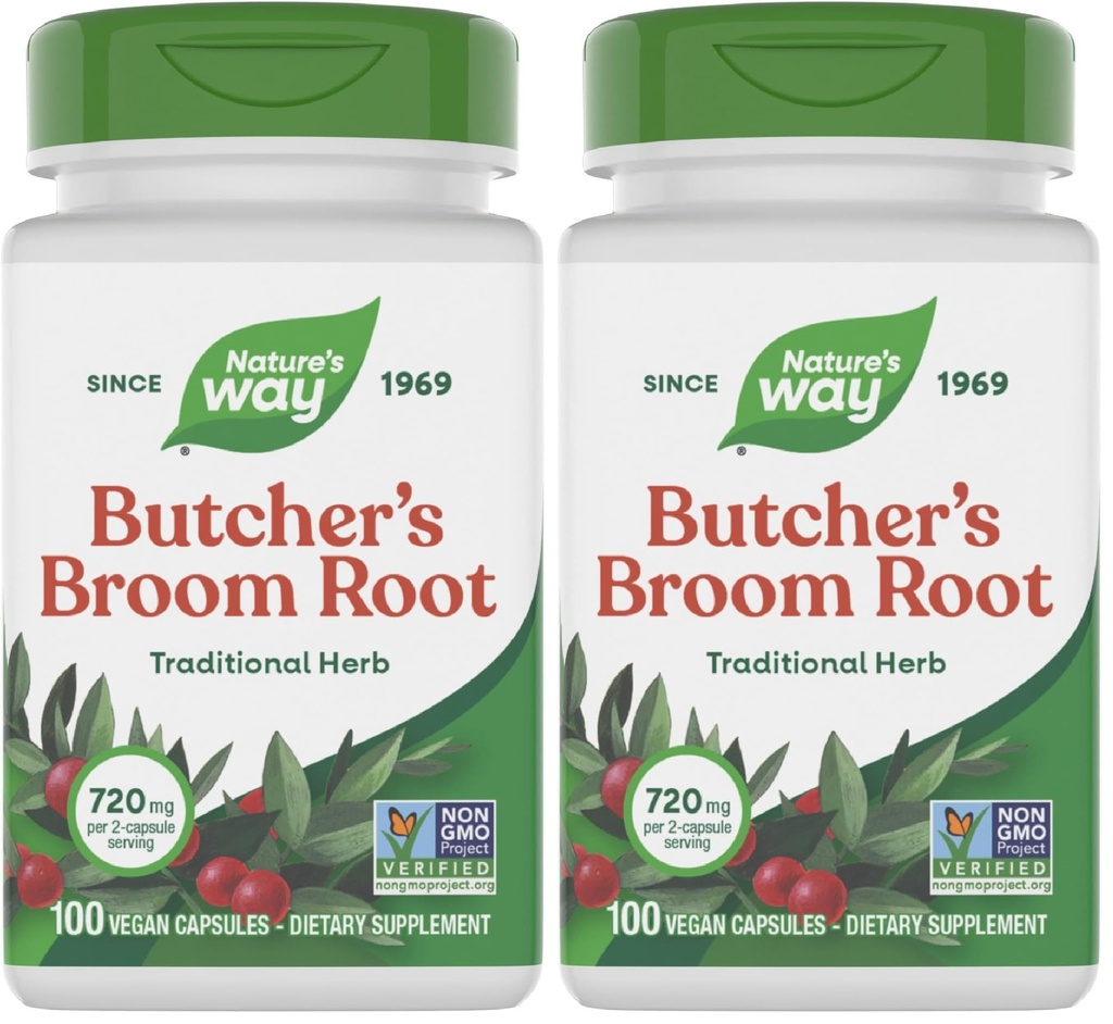 Nature's Way Butcher's Broom Root, Traditional Leg Vein Support*, 100 Vegan Kapseln (Pack von 2)