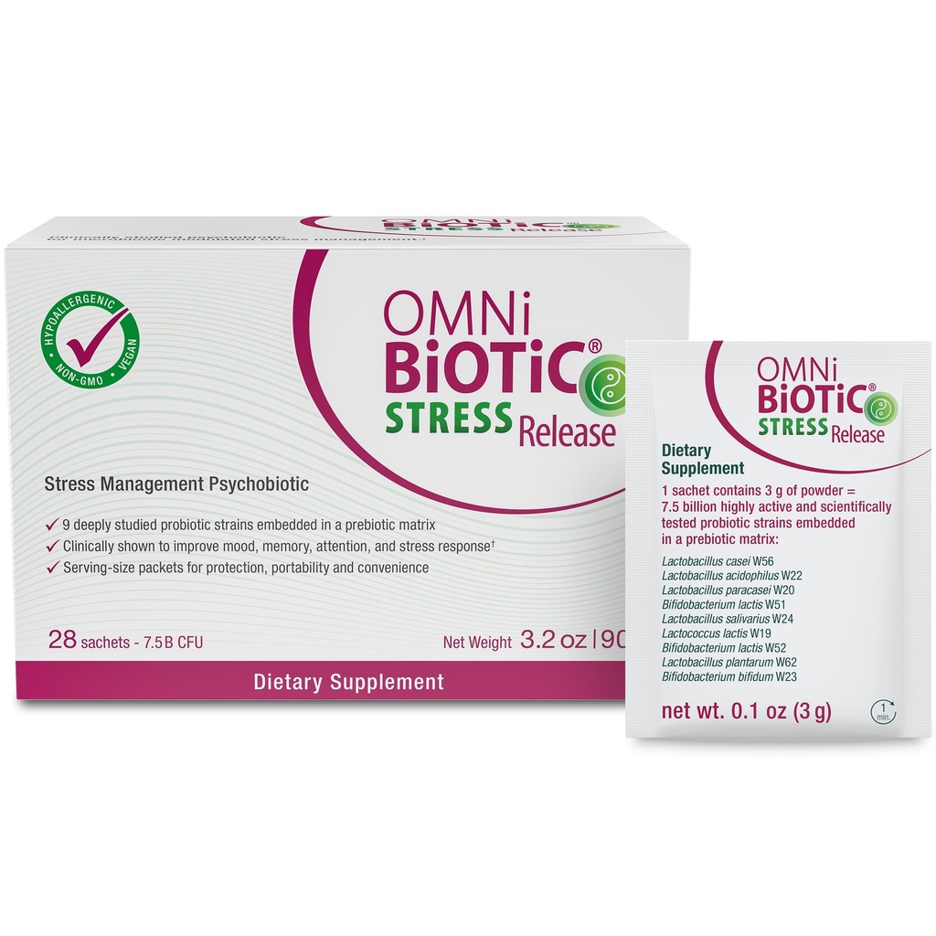 OMNi BiOTiC Stress Release - Probiotico clinicamente testato per la gestione delle stringhe & Gut-Brain Axis Support - Stress Probiotic e Mood Probiotic - Vegan, Non-GMO (28 Daily Packets)