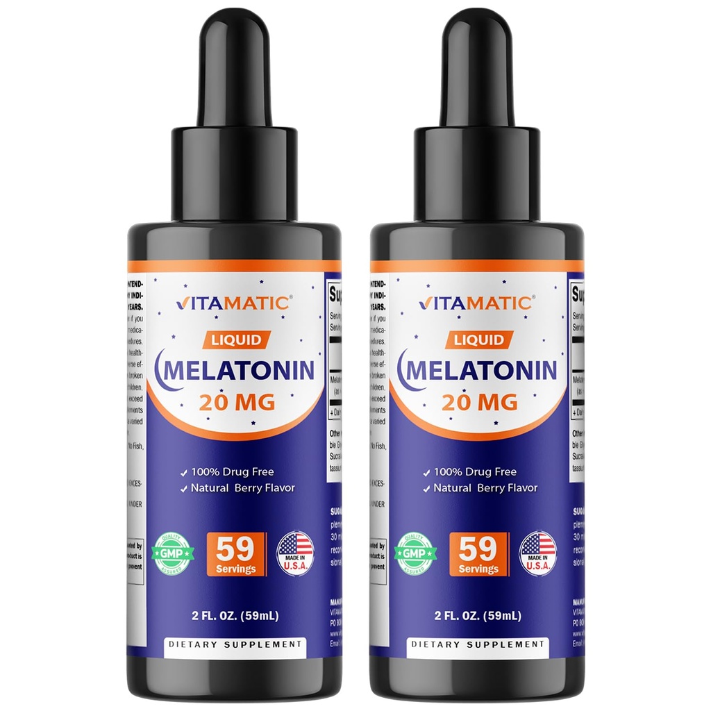 Vitamatic 2-Pack Melatonin 20mg Liquid Drops - 2 fl oz (59 ml) Jeder - Natural Berry Flavor - Non-GMO, Vegetarische Ergänzung für Erwachsene