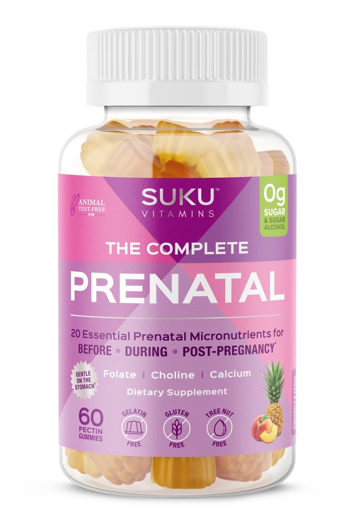 SUKU Prenatal Multivitamin Gummis – Folat, Calcium, Vitamin D3, B12, K2 – Sugar-Free, Vegetarisch, Glutenfrei Pregnancy Support – Ananas Peach Flavor – 60 Count