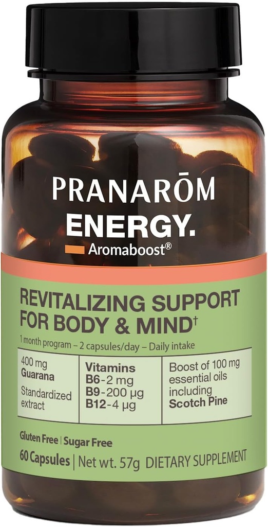 Pranarom - Aromaboost Energy Kräuterergänzung - für Körperliche und Mentale Fatigue - Guarana - Vitamine B6 B9 B12 - Pure Scots Pine Essential Oil - 60 Count