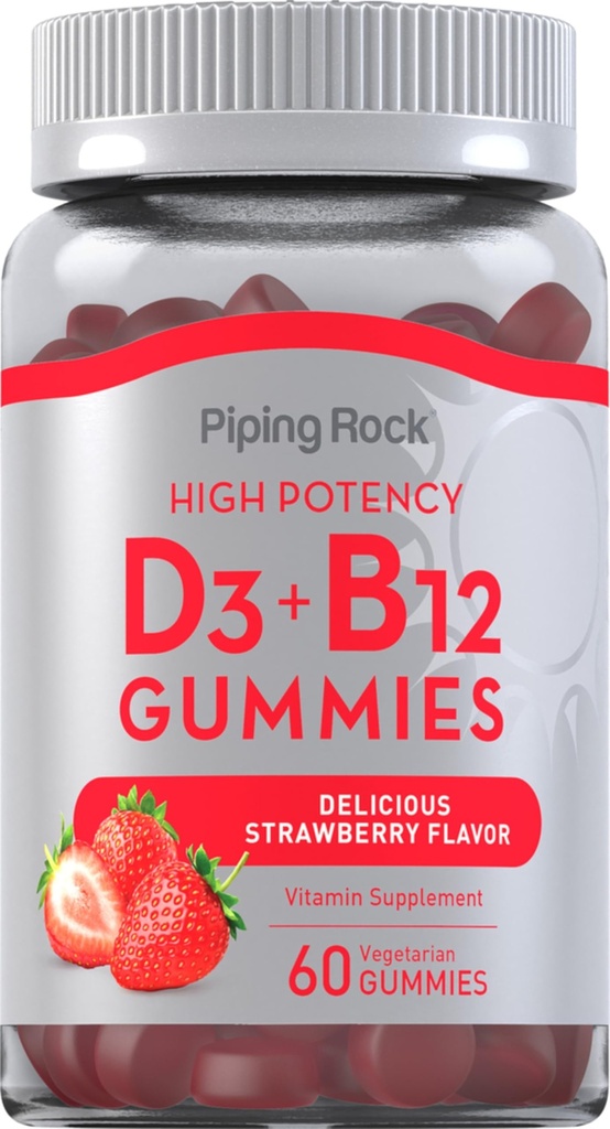 Piping Rock Vitamin D3 e B12 Gummies | 60 Count | Supplemento per le donne e gli uomini | Alta potenza | Fragola Flavor | Vegetariano, Non OGM, Gluten Free
