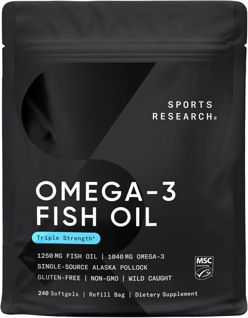 Sportforschung Triple Strength Omega 3 Fish Oil - Burpless Fish Oil Supplement w/EPA & DHA Fettsäuren von Wild Alaskan Pollock - Herz, Gehirn & Immununterstützung für Männer & Frauen - 1250 mg, 240 ct