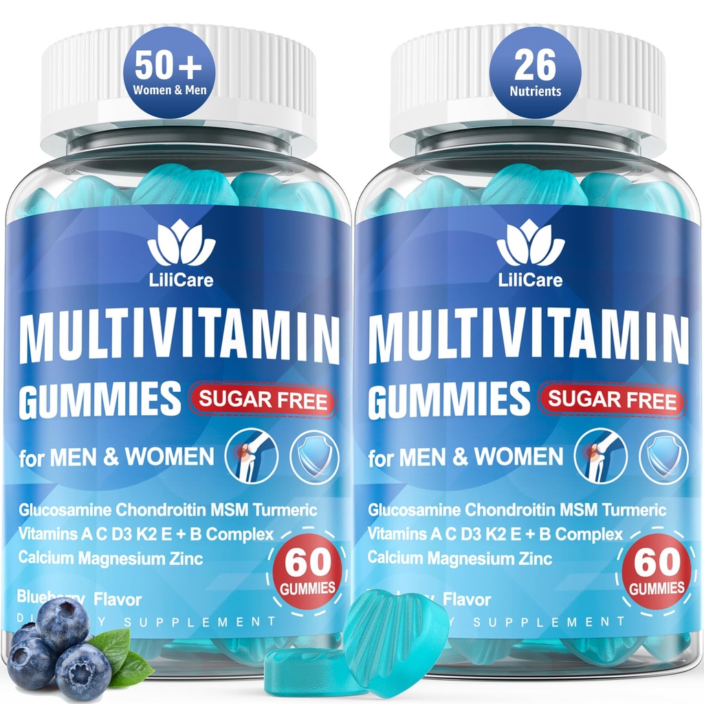 Multivitamines méthylées pour les hommes/femmes Gummées, hommes/femmes Multivitamine 50 Plus, avec Glucosamine Chondroïtine MSM Echinacea Sans sucre Multivitamines à croquer B D3 K2 A C E pour les adultes Aînés, 120 Cts