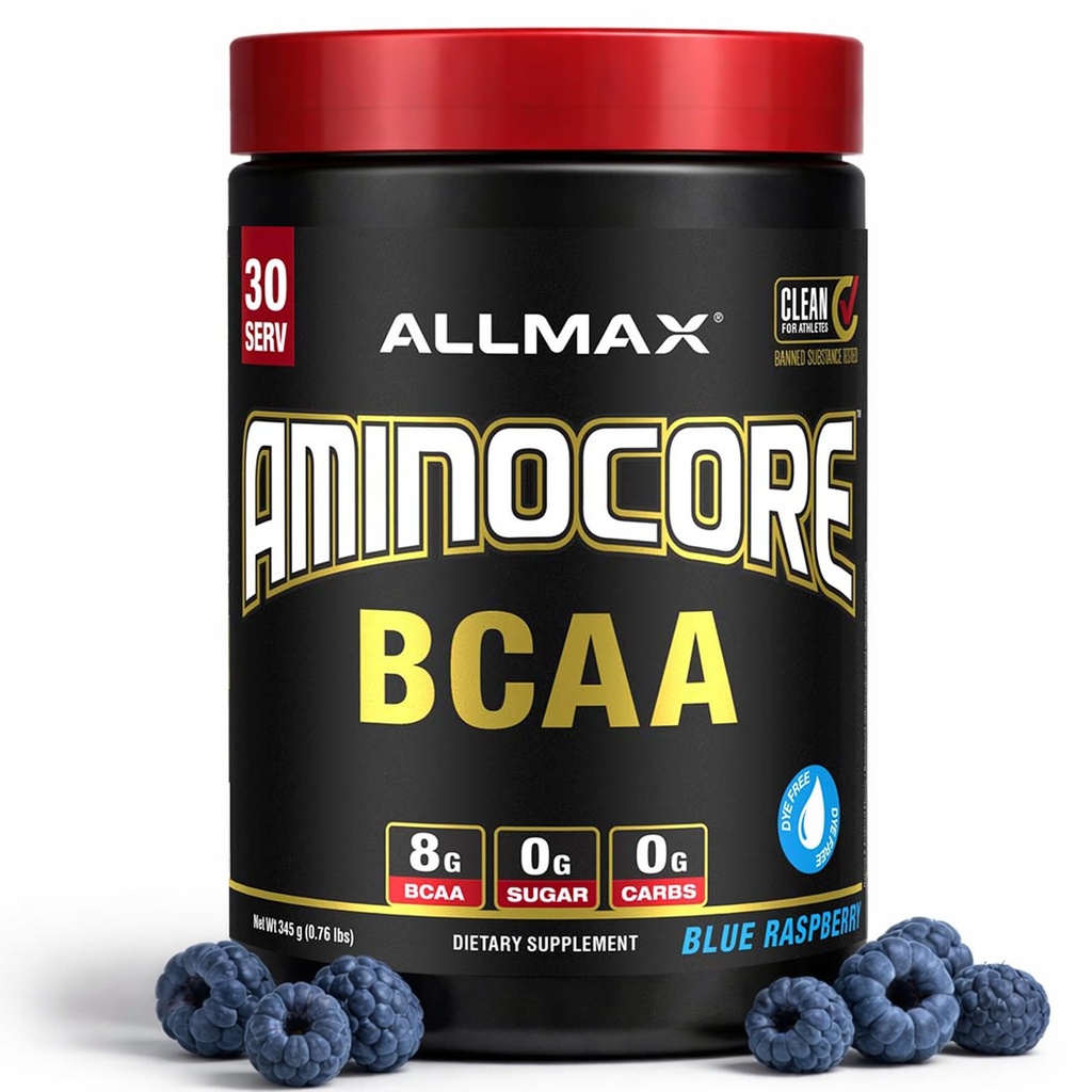 ALLMAX Nutrition AMINOCORE BCAA – 8G BCAAs – 100% reine Branch Chained Amino Acids – Glutenfrei - Blue Raspberry - 315 Gramm