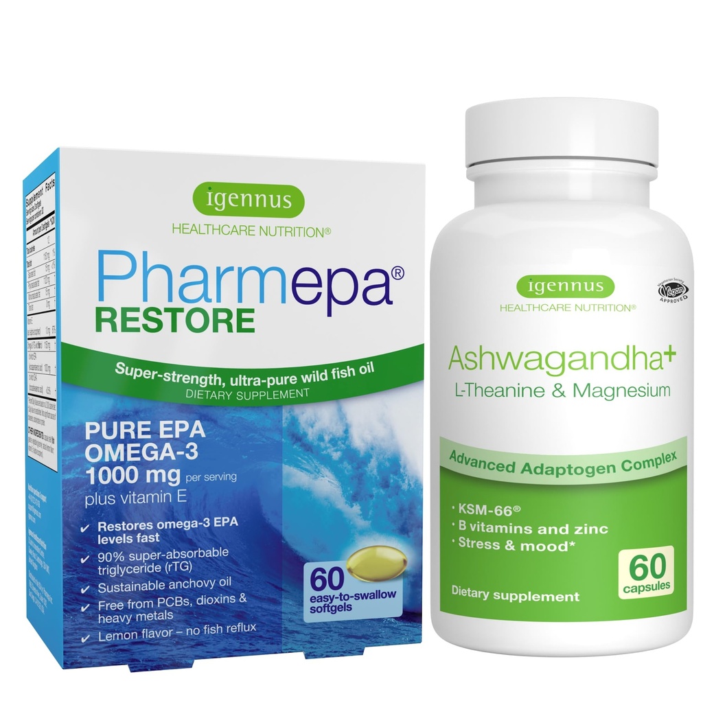 Igennus Pharmepa Restore + Ashwagandha+ L-Theanine & Magnesium Bundle, 1000mg Pure EPA Omega-3 Fish Oil + 600mg KSM-66 Ashwagandha Adaptogen Complex with Zinc & B Vitamins, Mood & Stress Support