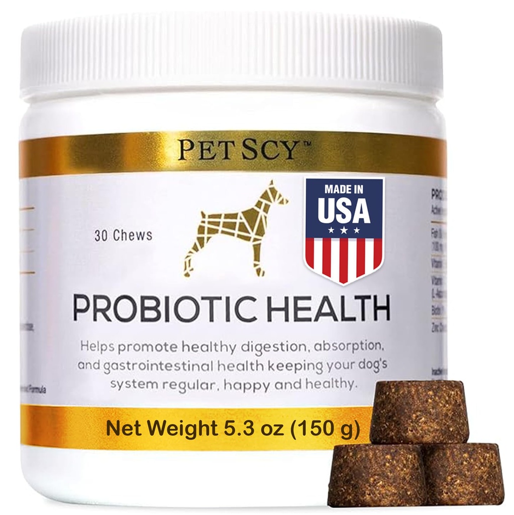 PetScy - Probiotische Kauen für Hunde, Probiotikum für Hunde aller Altersgruppen, Größen & Rassen mit Prebiotischer Faser und Pure Omega-3 | Verbessert Haut, Mantel und Gutgesundheit, 30 Kauen